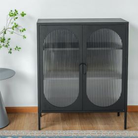 Chic Metal & Ribbed Glass Storage Cabinet with Arched Doors