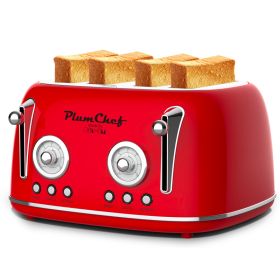 4 Slice Retro Toaster, Dual Control Toaster, 6 Settings, Bagel, Defrost, Removable Crumb Tray, Stainless Steel Housing, 1650W, Red (Option: WT3450D)